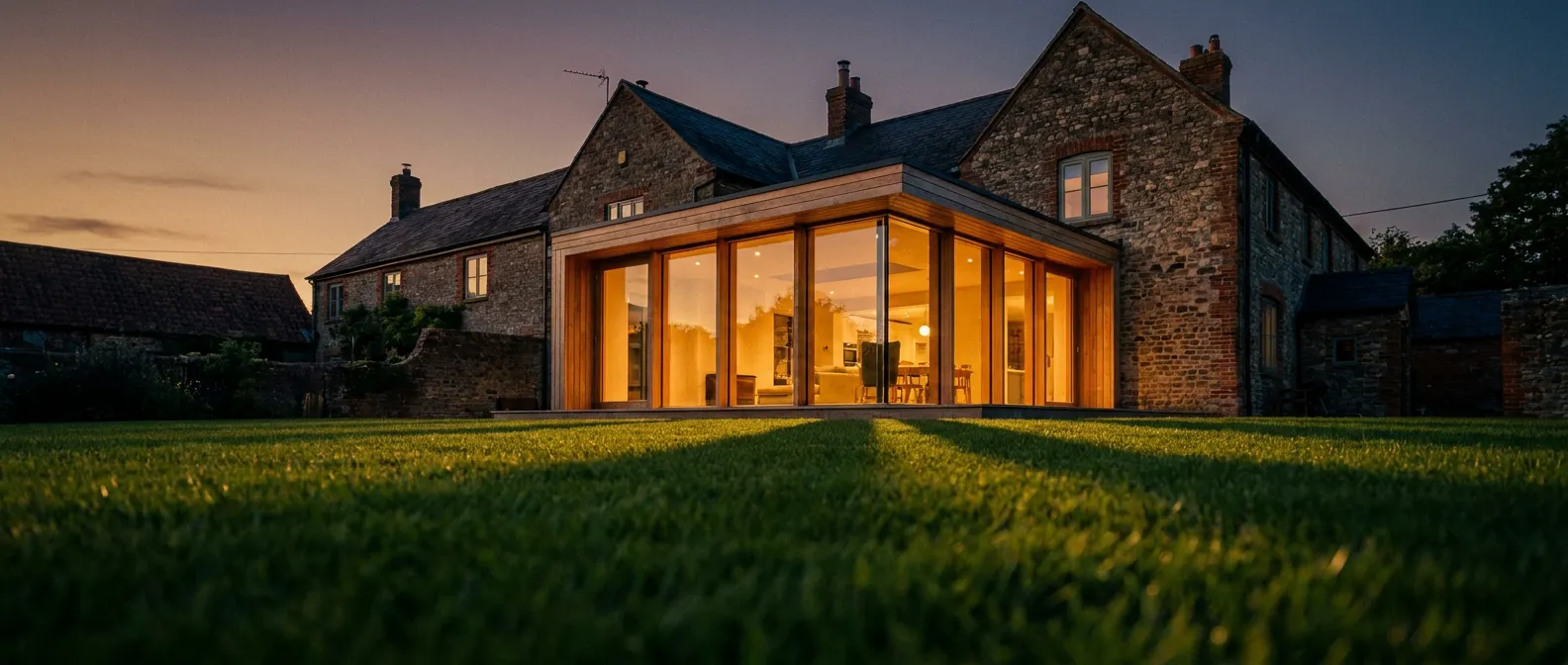A glazed rear extension on a stone house at dusk.