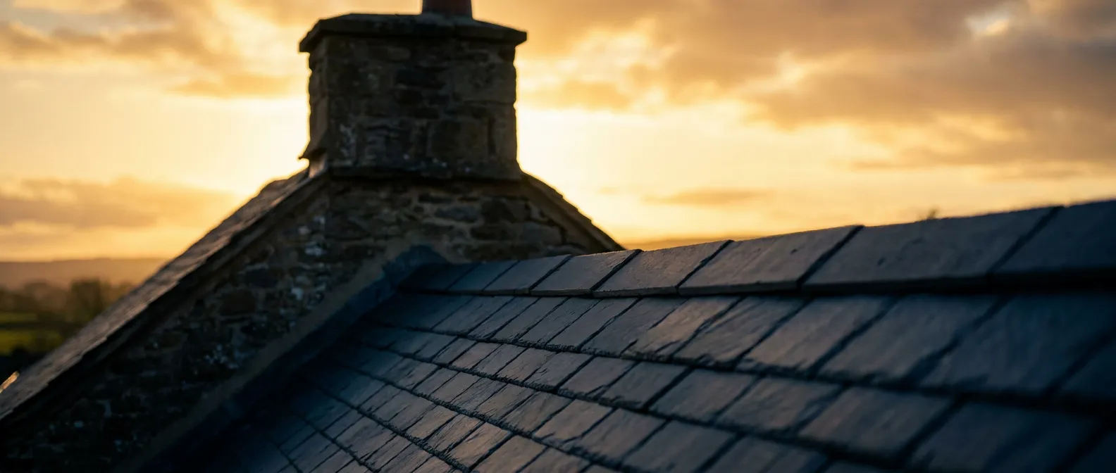 A slate roof ridge against an evening sky.