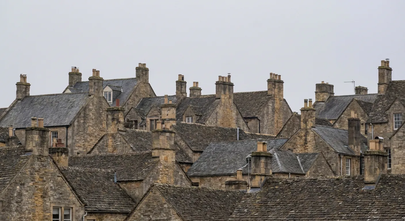 A row of terraced house roofs under a clear sky.